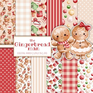 Puede incluir: Un paquete de papel digital con 12 patrones diferentes con figuras de pan de jengibre, regalos, adornos y rayas en rojo, blanco y verde. El texto "the gingerbread man" está en el centro de la imagen.