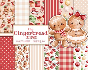 May include: A digital paper pack with 12 different patterns featuring gingerbread people, presents, ornaments, and stripes in red, white, and green. The text "the gingerbread man" is in the center of the image.