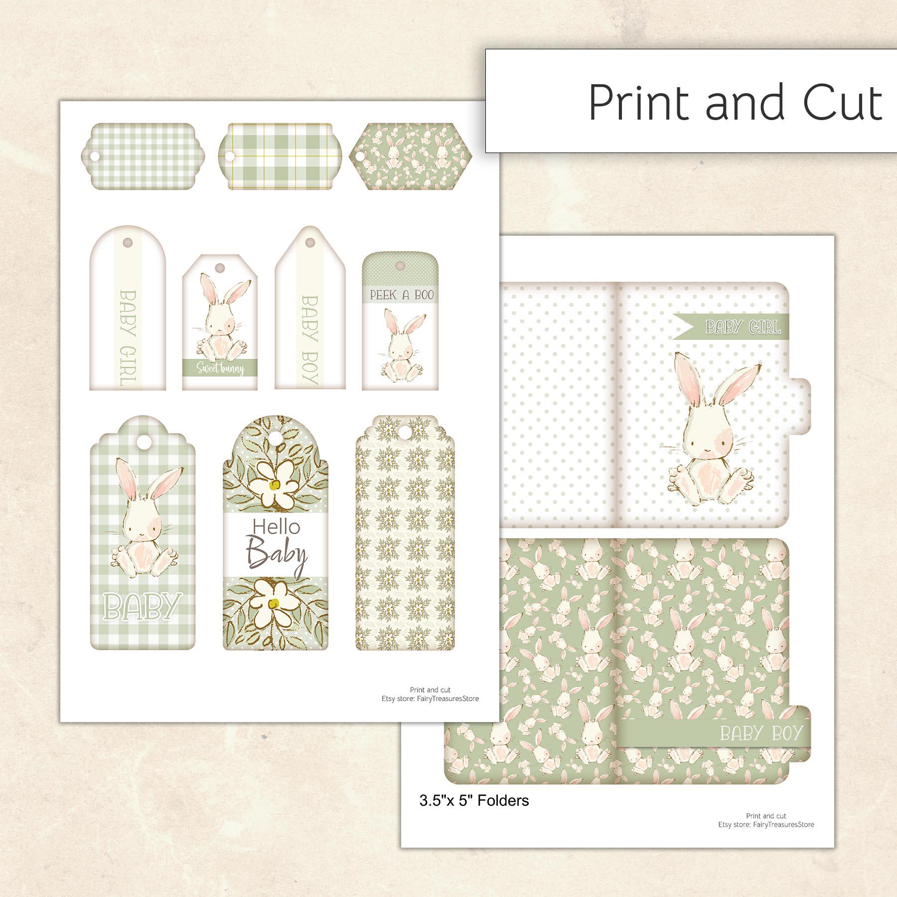 Baby Bunny Green Printable Ephemera Kit, Digital Junk Journal, Baby ...