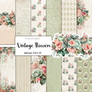 Vintage Shabby Chic Digital Paper Pack, Distressed Printable Scrapbook Collage Sheets, Antique Pink Rose Junk Journal, Download Ephemera Kit
