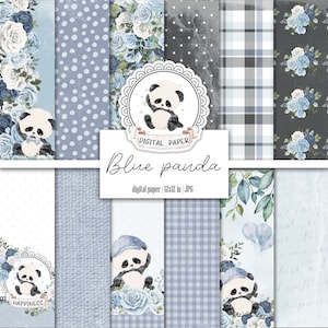 Petit bébé panda, bleu poussiéreux et noir, motif ours, papier de scrapbooking numérique imprimable, journal indésirable aquarelle bébé garçon, kit éphémère