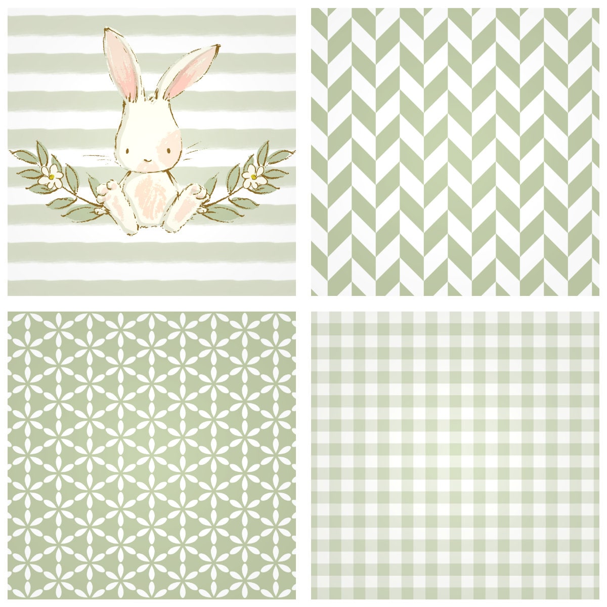 Tiny Green Rabbit Paper Baby Bunny Green Digital Paper Pack, Rabbit Pattern, Gendre Neutral ...
