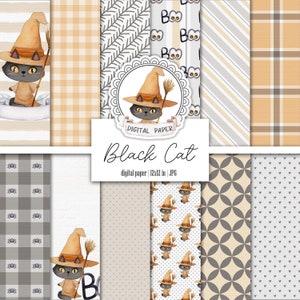 Digital Paper Pack, Halloween Black Cat Witch, Cute Spooky Scrapbooking Basic Papers, Creery Printable Junk Journal, Boo Tags, Ephemera Kit