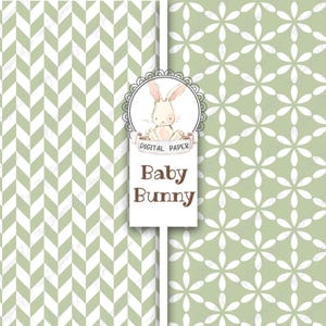 May include: Digital paper with two patterns. The first pattern is a green and white chevron pattern. The second pattern is a green background with white flower shapes. A white circle with a brown outline contains a cartoon image of a white bunny with pink ears and a pink nose. The text "Digital Paper" is in brown text below the bunny. The text "Baby Bunny" is in brown text below the circle.
