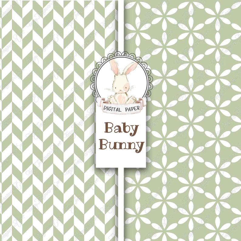 May include: Digital paper with two patterns. The first pattern is a green and white chevron pattern. The second pattern is a green background with white flower shapes. A white circle with a brown outline contains a cartoon image of a white bunny with pink ears and a pink nose. The text "Digital Paper" is in brown text below the bunny. The text "Baby Bunny" is in brown text below the circle.