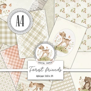 A4 Woodland Digital Paper Pack, Cute Forest, Baby Deer, For Girl, For boy, Beige Scrapbooking paper, Nursery background, Instant download