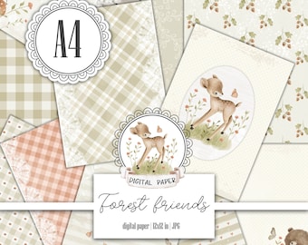 A4 Woodland Digital Paper Pack, Cute Forest, Baby Deer, For Girl, For boy, Beige Scrapbooking paper, Nursery background, Instant download