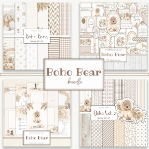 Baby Boho Teddy Bear Digital Paper Pack, Printable Ephemera Kit, Scrapbook Junk Journal, Gender Neutral Keepsake, Milestone Album, Tags