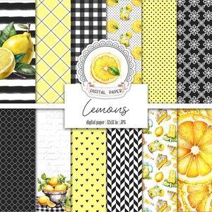 Lemon Digital Paper Pack, Lemonade Pattern, Black and Yellow, Summer Scrapbooking Basic Papers, Printable Junk Journal, Tags, Ephemera Kit