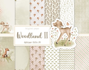 Woodland digital paper pack, Forest friends Nursery pattern, Deer Fox Printable ephemera kit, Junk journal, Gender neutral, Instant download