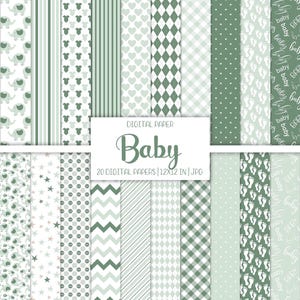 Green Baby Elephant Digital paper pack, Instant download, Scrapbooking, Gender Neutral Pattern, Nursery Junk Journal, Printable Ephemera Kit