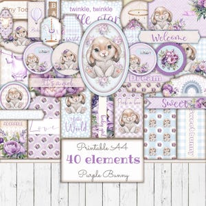 Kit de itens efêmeros imprimíveis de coelho roxo, diário digital de lixo, etiquetas para chá de bebê, etiquetas para berçário, materiais para artesanato, álbum de recortes, download instantâneo