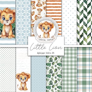 Baby Boy Lion Green Digital Paper Pack, Jungle Pattern, Safari Scrapbooking Basic Paper, Blue Printable Junk Journal, Tag, Ephemera Kit