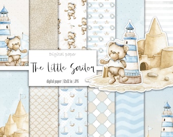 Könnte beinhalten: Ein Set mit 12 digitalen Papieren mit nautischem Thema und Illustrationen eines Teddybär-Seemanns, eines Leuchtturms, eines Segelboots und einer Sandburg. Die Papiere sind in Blautönen, Weiß und Beige gehalten.