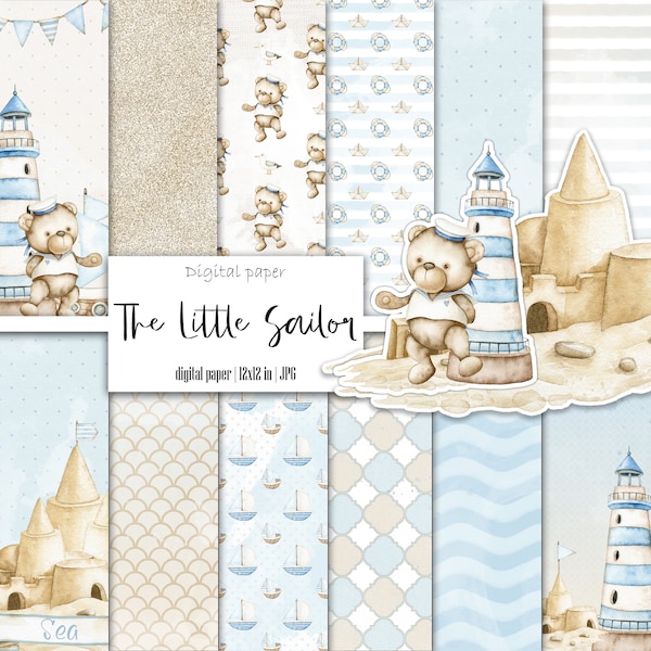 The Little Sailor, Teddy Bear, Sea digital paper, Nursery background, Printable, Instant download