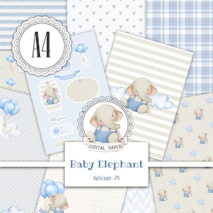 Pacchetto di carta digitale A4 Blue Baby Boy Elephant, album di ritagli Beige carino neonato, modello di scuola materna, diario spazzatura stampabile, kit Ephemera