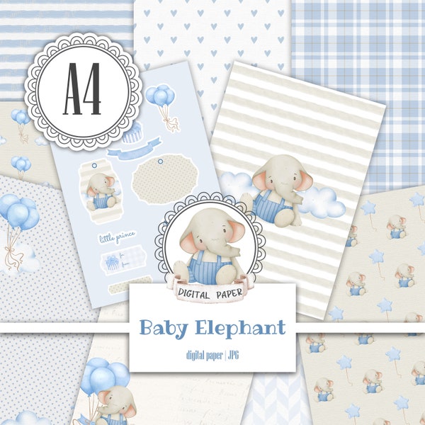 A4 Blue Baby Boy Elephant Digital Paper Pack, Newborn Cute Beige Scrapbook album, Nursery Pattern, Printable Junk Journal, Ephemera Kit