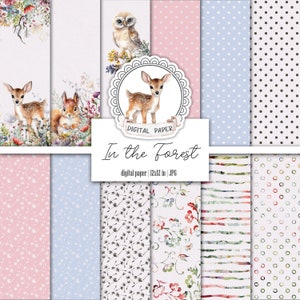 Baby Cute Forest Animals Digital Paper Pack, Carta Scrapbooking stampabile di fiori selvatici, Cervo, Gufo, Scoiattolo, Diario spazzatura del bosco