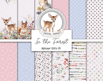 Baby Cute Forest Animals Digital Paper Pack, Wild Flowers Printable Scrapbooking paper, Deer, Owl, Squirrel, Woodland Junk Journal