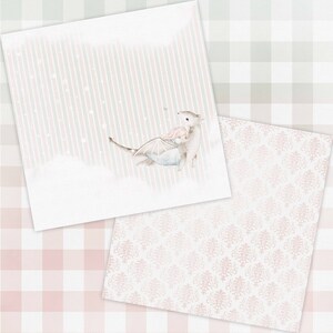 May include: A digital paper pack with four different patterns. The patterns are a pink and gray striped pattern, a gray and white gingham pattern, a white pattern with pink floral designs, and a white pattern with pink and gray floral designs.