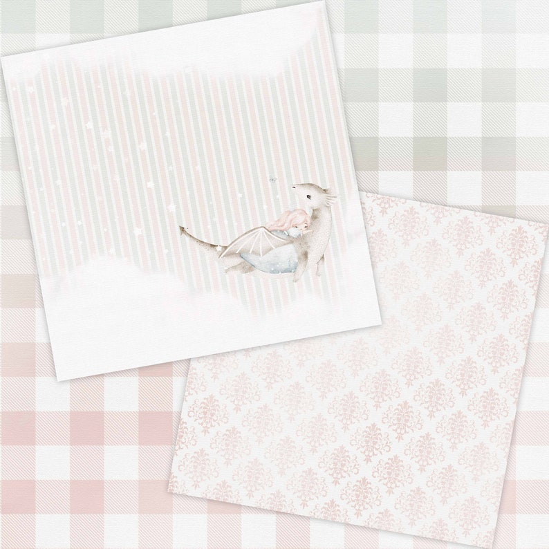 May include: A digital paper pack with four different patterns. The patterns are a pink and gray striped pattern, a gray and white gingham pattern, a white pattern with pink floral designs, and a white pattern with pink and gray floral designs.