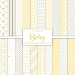 Pode incluir: Um conjunto de 20 papéis digitais em amarelo e cinza com vários padrões, incluindo estrelas, corações, pegadas e desenhos geométricos. Os papéis são de 30,5 x 30,5 cm e estão em formato JPG. O texto "Digital Paper Baby 20 Digital Papers | 12x12 in | JPG" é exibido na imagem.
