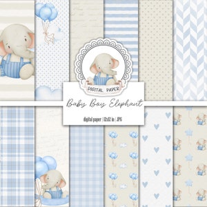 Confezione di carta digitale con elefante blu per neonati, album di ritagli beige carino per neonati, modello per la cameretta dei bambini, diario spazzatura stampabile, download immediato,