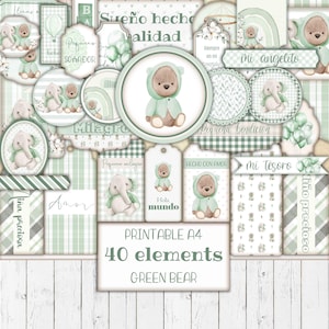 Kit de material efímero imprimible de osito verde español, diario digital, etiquetas, etiquetas para guardería, materiales para manualidades, plantilla para álbum de recortes, descarga