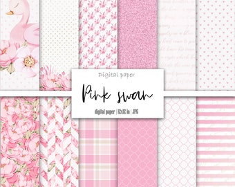 Pastel Pink Digital Paper Pack 12x12, Princess Swan Scrapbook Set, Watercolor Baby Girl Album, Flower Junk Journal Printable Ephemera Kit