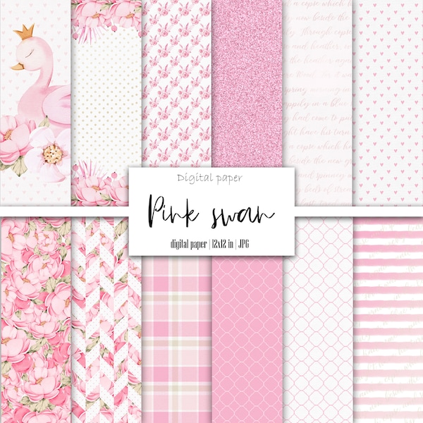 Pastel Pink Digital Paper Pack 12x12, Princess Swan Scrapbook Set, Album bébé fille aquarelle, Flower Junk Journal Printable Ephemera Kit