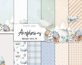 May include: Digital paper pack with 12x12 inch JPG files featuring a watercolor illustration of airplanes, houses, and clouds. The patterns include polka dots, plaid, hearts, and stripes.