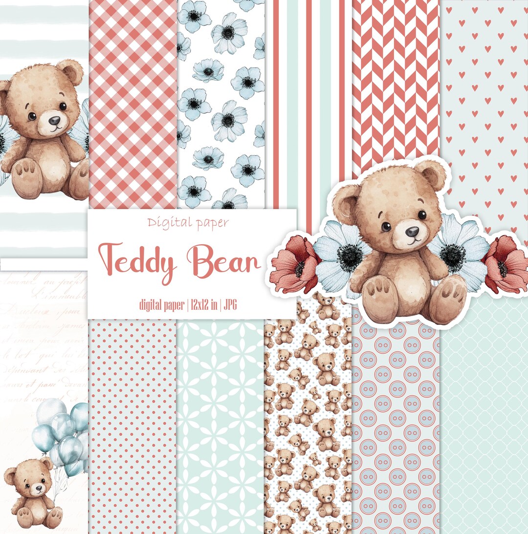 Baby Bear Digital Paper Pack, Gender Neutral, Scrapbook Album, Gingham ...