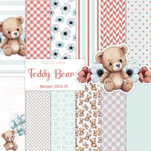 Baby bear digital paper pack, Gender neutral, Scrapbook album, Gingham pattern, For boy, For girl, Nursery background, Instant download