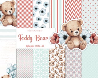 Baby bear digital paper pack, Gender neutral, Scrapbook album, Gingham pattern, For boy, For girl, Nursery background, Instant download