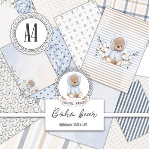 Confezione di carta digitale A4, Orsetto boho blu, Elefante grigio, Sfondo vivaio, Fiori, Album bambino, Carta Scrapbooking, Download istantaneo