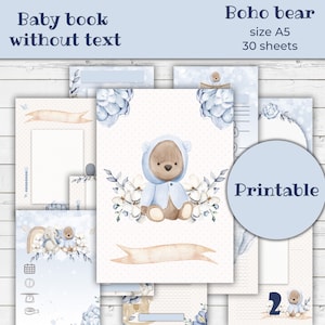 Libro stampabile Milestone Boho Teddy Bear Baby Book senza testo, Keepsake Boy Memory Keeper, blu, diario digitale spazzatura, kit effimero