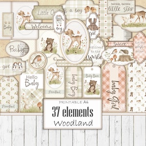 Kit de material efímero imprimible de Woodland Baby, diario digital, etiquetas para baby shower, etiquetas para guardería, materiales para manualidades, plantilla para álbum de recortes, descarga