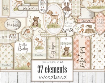 Woodland Baby Printable Ephemera Kit, Digital Junk Journal, Baby Shower Tags, Nursery Labels, Craft Supplies, Scrapbook Template, Download