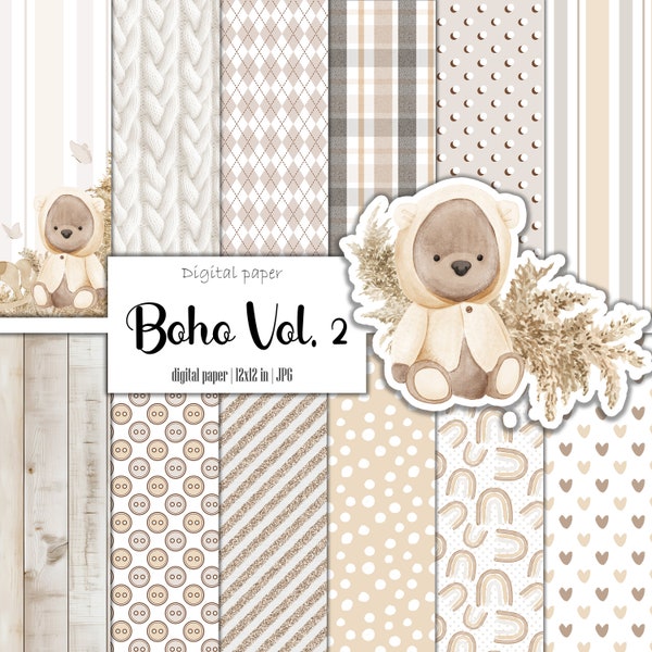 Pack de papier numérique Boho bébé ours, Gendre neutre, Album Scrapbook, Motif beige, Pour garçon, Pour fille, Fond de crèche, Téléchargement instantané