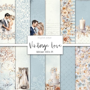 Vintage Wedding digital paper, St Valentine's day Dusty Blue Flowers Scrapbooking Pack, Terracotta, Rusty, Marriage Junk Journal Printable