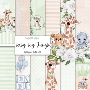 Confezione di carta digitale con simpatici animali della giungla, carta per scrapbooking con animali da safari per bambini ad acquerello, sfondi digitali per album di neonati, kit di diario fai da te
