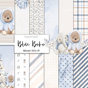 Carta digitale orsetto boho blu, genere neutro, album di ritagli, motivo pastello, per bambino, sfondo per cameretta dei bambini, download immediato, stampabile