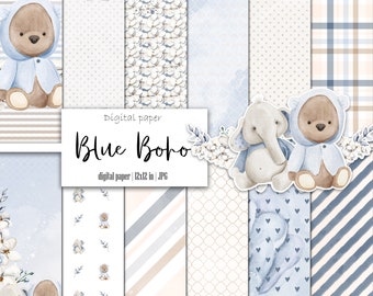 Blue boho baby bear digital paper, Gender neutral, Scrapbook album, Pastel pattern, For boy, Nursery background, Instant download, Printable