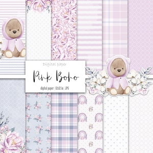 Orsetto di peluche rosa pastello, confezione di carta per album digitale per bambini con fiori arcobaleno 12x12, kit di effimeri stampabili per diario di bambina con acquerello