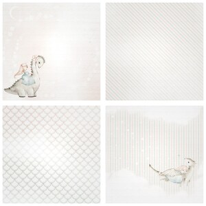 May include: A digital paper pack with four different patterns. The first pattern is a light pink background with white stars and a crescent moon. The second pattern is a white background with light pink and gray diagonal stripes. The third pattern is a white background with a repeating pattern of gray and pink fish scales. The fourth pattern is a white background with light pink and gray vertical stripes.