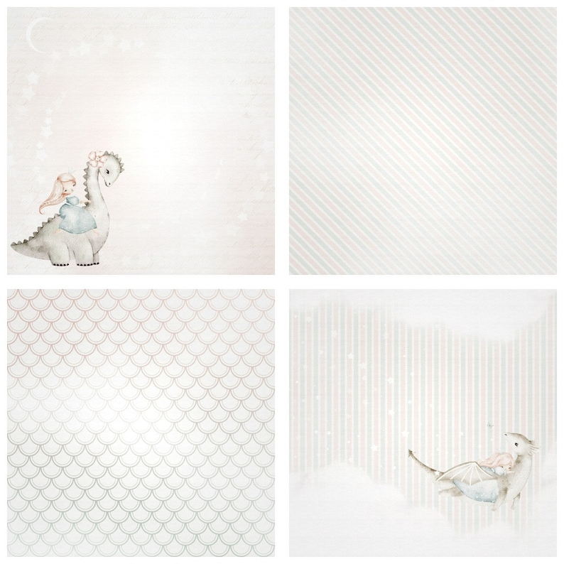 May include: A digital paper pack with four different patterns. The first pattern is a light pink background with white stars and a crescent moon. The second pattern is a white background with light pink and gray diagonal stripes. The third pattern is a white background with a repeating pattern of gray and pink fish scales. The fourth pattern is a white background with light pink and gray vertical stripes.