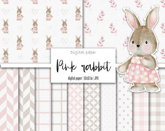Baby Girl Digital paper, Little Rabbit, PInk and beige, Simple Printable background, Instant Download