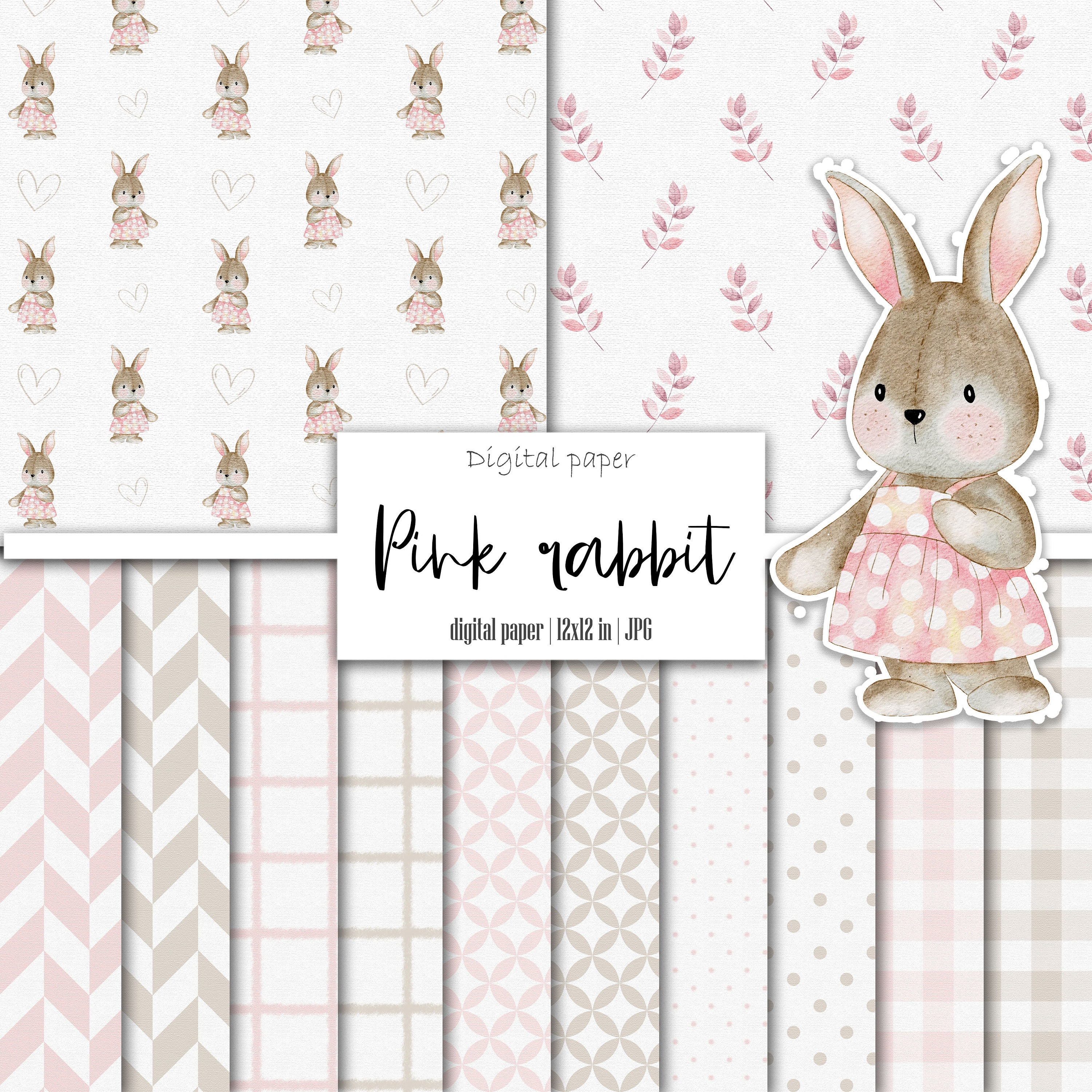 Watercolor Bunny Digital Paper, Bunny Pattern, Nursery Paper Kids