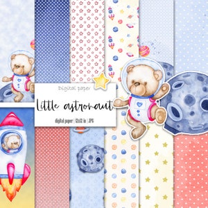 Teddy Bear Digital Scrapbooking Paper Pack for Kids, Aquarelle Baby Boy Astronaut Junk Journal Printable Ephemera Kit, Téléchargement instantané