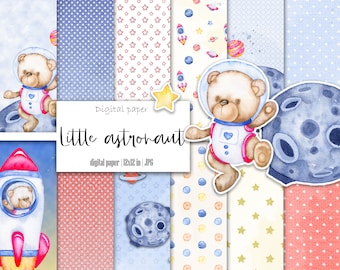 May include: A set of 12x12 inch digital papers featuring a cute teddy bear astronaut, rockets, stars, planets, and moons in a watercolor style. The papers are perfect for scrapbooking, card making, and other craft projects.